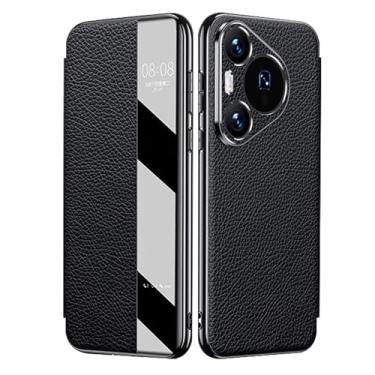 Imagem de HAOMRIYL Capa flip para Huawei Pura 80 Ultra/80 Pro +/80 Pro/80, Smart Clear View Window Capa de couro genuíno Capa de negócios de luxo, preta, 80 Pro