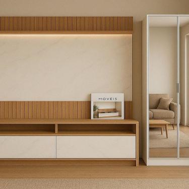 Imagem de Estante Home para Tv 70 Polegadas Ripado com Led e Armário 2 Portas Espelhado Rio Freijó Ripado / Branco