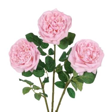 Imagem de IPOPU Real Touch Flores Artificiais Peônia Rosa Austin 3 Peônias Grandes 13 cm Rosas Rosa Flores Realistas 64 cm Flores de Haste Longa para Buquês de Casamento DIY Decoração de Festa em Casa (Rosa)