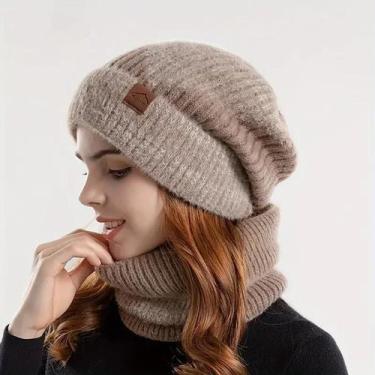 Imagem de Gorro Feminino De Inverno Quente Em Dois Tons Com Babador De Veludo E 