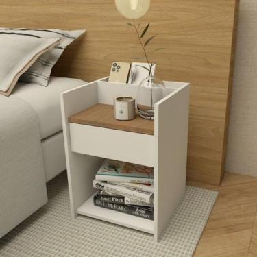 Imagem de Mesa Lateral Cama Branca Madeira Retrô C Gaveta Divisória - DeMoveis, 