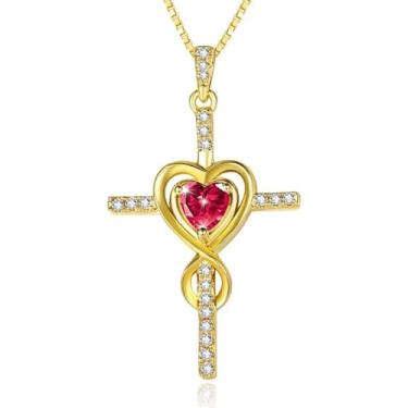 Imagem de CupidGift Colar de cruz para mulheres, banhado a ouro 14 K, pingente de pedra do mês de nascimento, pingente infinito de coração, joias religiosas, batismo cristão, fé, presentes de aniversário para