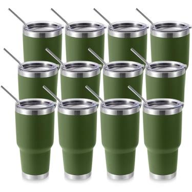 Imagem de Volhoply Copo térmico de 900 ml com tampa e canudo pacote com 12, canecas de café de viagem de parede dupla para bebidas quentes/frias, cabe em porta-copos de carro, sem BPA (verde-oliva, 12