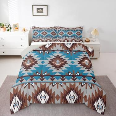 Imagem de jejeloiu Conjunto de edredom boêmio, tamanho casal, asteca, para crianças, meninos, meninas, boêmio, decoração de quarto geométrico, microfibra, 3 peças com 2 fronhas