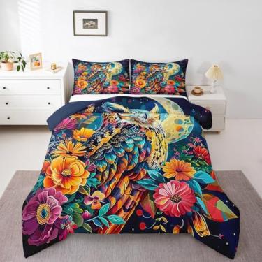 Imagem de Manfei Jogo de cama Queen com estampa de coruja fofa, flor e lua em aquarela, 3 peças, estampa floral para todas as estações, decoração de quarto de meninas, enchimento de edredom leve, 2 fronhas