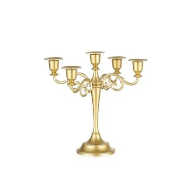 Imagem de Sziqiqi Peça central de mesa de candelabro dourado: castiçal de 25 cm para castiçais cônicos - Castiçal de metal com 5 braços para mesa de jantar de casamento e Natal