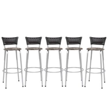 Imagem de Banqueta Altas Junco Preto Estrutura Prata 70cm Para Balcão Cozinha, Bar, Bistrô, Americano Kit 05 Unidades - Itagold (Assento Floral Marrom)