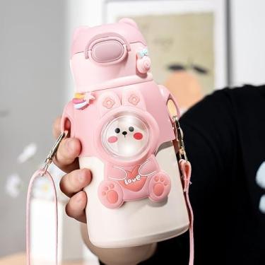 Imagem de 1 garrafa de água com isolamento de urso rosa fofo, frasco a vácuo de aço inoxidável com tampa flip top, 500 ml
