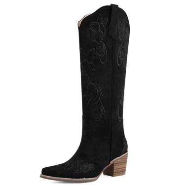 Imagem de VOZTOLLS Botas de caubói femininas cano alto cowgirl western bico fino salto grosso retrô vintage floral bordado pull-on abas botas altas, Camurça preta, 41