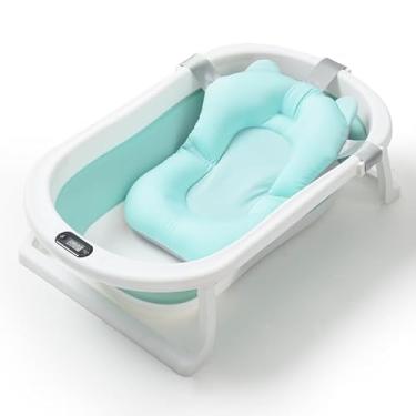 Imagem de Banheira dobrável portátil com chupeta e termômetro, confortável e segura + tapete de banho (VERDE)