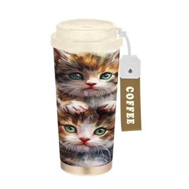 Imagem de SEHANY Caneca de viagem de gato gatinho fofo de 482 g xícaras de café reutilizáveis revestidas de cerâmica com tampa à prova de vazamento, parede dupla, isolamento a vácuo, copo de café de aço