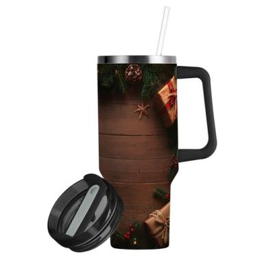 Imagem de ATTX Copo de galhos de árvore de Natal de 850 g com alça, copo de aço inoxidável a vácuo de parede dupla com palha, caneca de café de viagem isolada #582