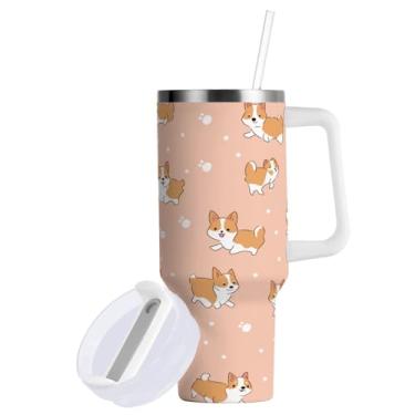 Imagem de ATTX Copo de cachorro Corgi fofo de 850 g com alça - Caneca de viagem de aço inoxidável isolada a vácuo, xícara de café à prova de vazamento com canudo #360