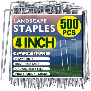 Imagem de Qucuky Pacote com 500 grampos de paisagem, estacas de jardim de 10 cm, grampos galvanizados, estacas de solo antiferrugem para barreira de ervas daninhas, tubos de irrigação, tecido de paisagismo