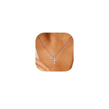 Imagem de Avotto Colar feminino banhado a ouro/prata 14K com pingente de cruz de coração de diamante delicado, não mancha, resistente, moderno, coração, cruz, cristão, Páscoa, batismo, joias, presentes 40 + 6