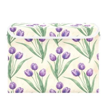 Imagem de Burbuja Caixa de armazenamento de tulipas violeta com tampa e alças, grande caixa de armazenamento dobrável para prateleiras armário quarto escritório organizador