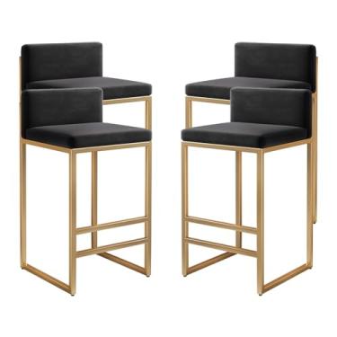 Imagem de Banquetas de couro com estrutura de metal - Conjunto de 4 cadeiras de bar pretas e brancas para cozinha ilha café pub - Bancos de bar modernos com encosto para decoração de casa