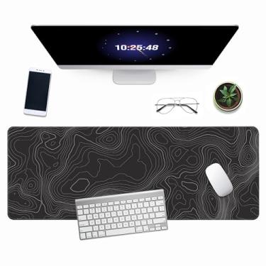 Imagem de Tapete de mouse minimalista com mapa topográfico – Tapete de mesa antiderrapante para jogos com borda grande contorno, preto e branco, 80 x 30 cm