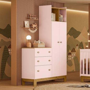 Imagem de Guarda Roupa Infantil com Cômoda 2 Portas 3 Gavetas Flora 4970 Rosa Qmovi