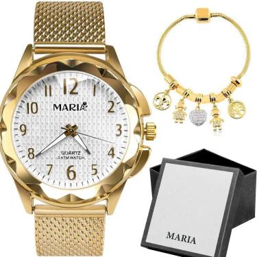 Imagem de Kit Relógio Feminino Analógico Maria Casual Social com Pulseira Silicone à Prova d’água...