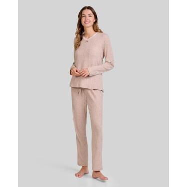 Imagem de Pijama Feminino Canelado Macio Bege Lohe, Bege, P