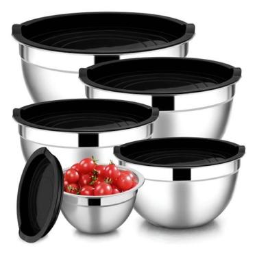 Imagem de Conjunto 5 Bowls Inox Aço com Tampas Pretas Empilháveis para Preparar 