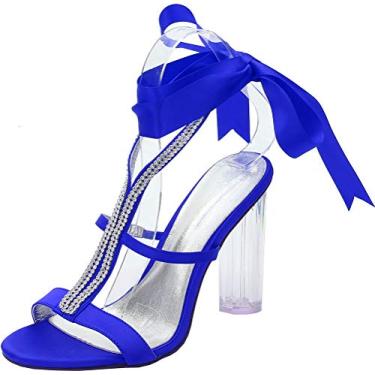 Imagem de Sandálias femininas com strass salto grosso aberto 10 cm salto transparente tornozelo fivela cinta casamento noiva vestido sapatos T-bar faixa salto, Azul, 8.5