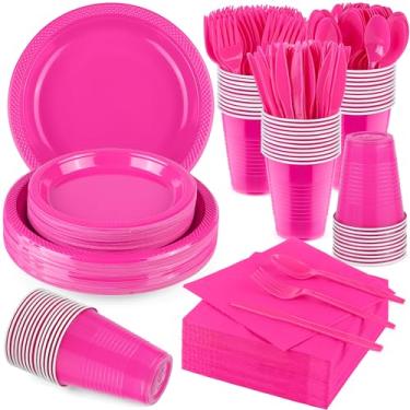 Imagem de Aodaer Conjunto de louça descartável de 400 peças rosa choque inclui pratos de plástico, copos, facas, garfos, colheres, guardanapos de papel para festas de aniversário, casamento, formatura, serve 50