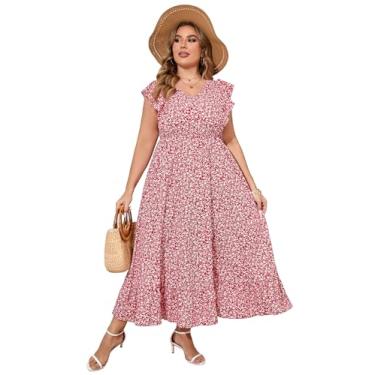 Imagem de KOJOOIN Vestido feminino plus size de verão com bolso com babados, sem mangas, decote em V, fenda lateral, vestido longo de praia, Flor vermelha pequena - 1, 3G