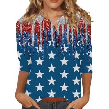 Imagem de Camiseta feminina bandeira americana listras estrelas verão Henley gola 3/4 camisetas patrióticas vermelho branco azul túnica, Azul marino, 3G