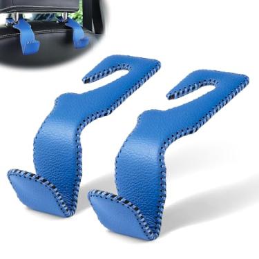 Imagem de LivTee Gancho de encosto de cabeça traseiro de couro superior azul, cabides de assento automotivo, acessórios interiores para bolsa, casacos, guarda-chuvas, bolsas de compras, bolsa, pacote com 2