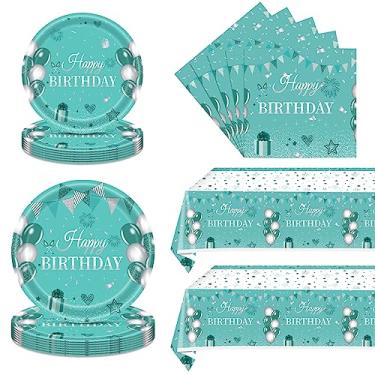 Imagem de Ryzovo 62Pcs Decorações para Festa de Aniversário Em Azul-Petróleo E Prata, Conjunto de Talheres Em Prata-Azul-Petróleo-Pratos de Papel Azul-Petróleo, Guardanapos, Toalha de Mesa, Decorações para Fest