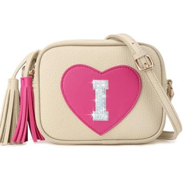 Imagem de OYLOLA Presentes de aniversário para meninas, inicial, bolsa infantil, bolsas infantis, presentes para meninas, bolsas de coração para meninas, Bege, I
