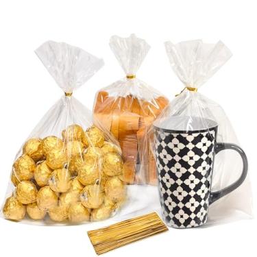 Imagem de QOIUSO 100 sacos de presente transparentes, 25 x 35 cm, sacos de guloseimas de celofane com laços, sacos de plástico de celofane transparentes para embalagem de pipoca, lembrancinha de festa,