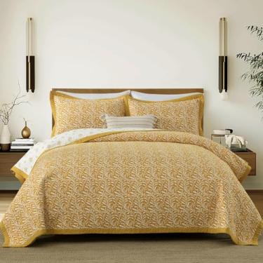 Imagem de Finlonte Colchas de algodão Queen Size – Conjunto de edredom Queen 100% algodão, conjunto de cama botânica, leve, reversível, macio, acolchoado, para cama queen, ouro/branco, todas as estações, 3