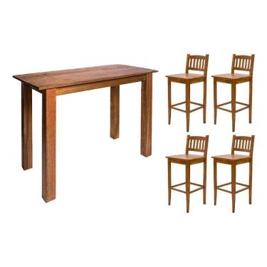 Imagem de Balcão 1,30m Para Bar Rústico Decorativo Em Madeira Maciça Com 4 Banquetas Bh - Natural - Bege