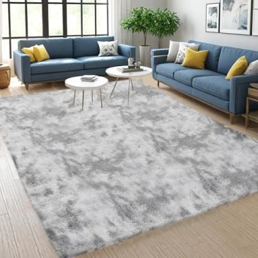 Imagem de POEMLAND Tapetes macios para sala de estar, tapete macio para quarto de 6 × 9, tapete felpudo fofo para quarto, piso interno, antiderrapante, felpudo, tie-dye branco-cinza, quarto de crianças, meninos