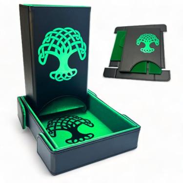 Imagem de Luck Lab Torre de dados dobrável e bandeja de dados para jogos de mesa RPG – Preto/Verde – Design de árvore da vida
