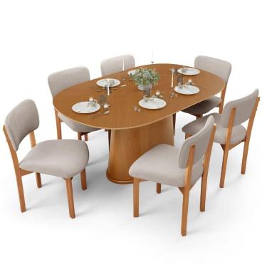 Imagem de Conjunto de Jantar Valência Dara 6 Lugares Tampo em MDF com Cadeiras Bouclê Creme Mesa...