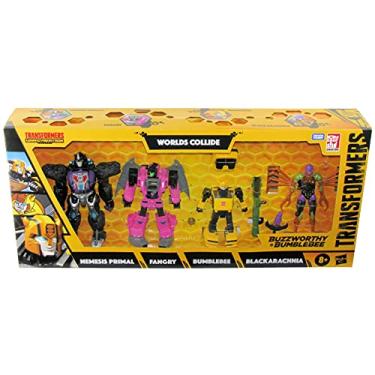 Imagem de Transformers Buzzworthy Bumblebee – Pacote com 4 unidades Guerra para Mundos Cybertron Collide com Nemesis Primal, Fangry, Bumblebee e Blackarachnia