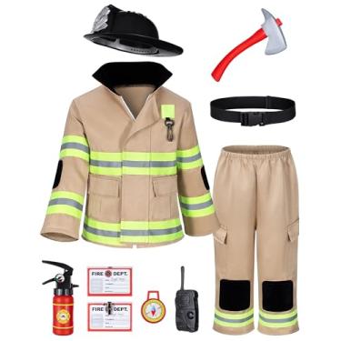 Imagem de Fantasia de bombeiro para meninos, fantasia de bombeiro para crianças, cáqui infantil, conjunto de acessórios para fantasia e festa de encenação 3T 4T