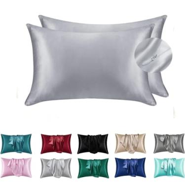 Imagem de Roupa de cama Juwenin, fronha de cetim de luxo com zíper (capa de almofada de cetim sedoso para cabelo) conjunto de 2 (prata, King (50 x 96 cm)