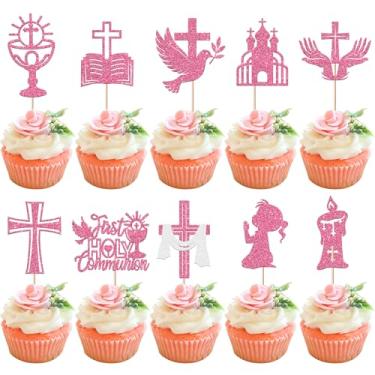 Imagem de 30 Pack Girl First Holy Communion Cupcake Toppers Glitter Cross Bible Cupcake Picks God Bless Cake Decorations for First Communion Baptism Religion Theme Birthday Party Supplies Pink