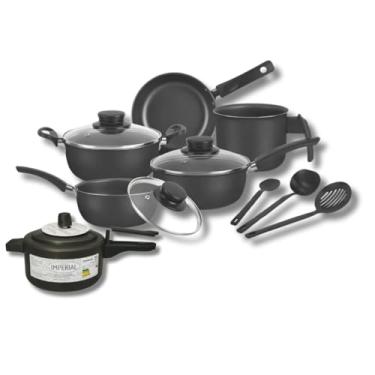 Imagem de Conjunto Jogo 9pç Panelas Antiaderentes Teflon Tampa Vidro (Preto)