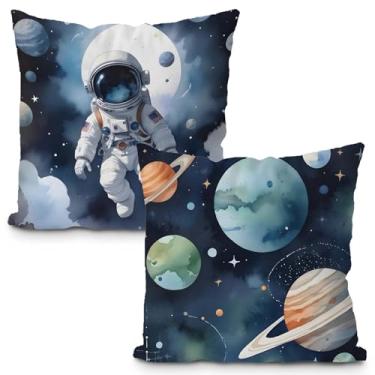 Imagem de Likjad Conjunto de 2 capas de almofada espacial 45,7 x 45,7 cm, decoração de espaço para quarto de meninos, planetas cósmicos, astronauta, decoração de quarto de crianças, quarto de meninos, berçário