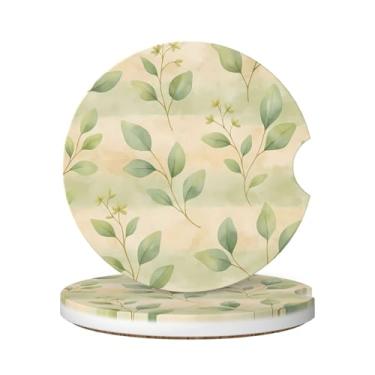 Imagem de Neukim Pacote com 2 porta-copos para copos de carro de folha verde aquarela, 6 cm Boho Leaves Branch Antiderrapante Cerâmica Absorvente com Base de Cortiça e Entalhe de Dedo Acessórios para Carro
