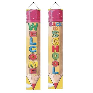 Imagem de Saoplasa 2 faixas de varanda de volta às aulas 180 x 30 cm em forma de lápis decoração de pendurar para porta de sala de aula, entrada escolar, corredor, parede, exterior, primeiro dia de escola