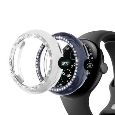 Imagem de Wugongyan Pacote com 2 capas protetoras para Google Pixel Watch 4 41 mm Bling Single Row Crystal Diamonds Hard PC Capa protetora de borda para acessórios Pixel Watch 4 (azul escuro + prata, 45 mm)