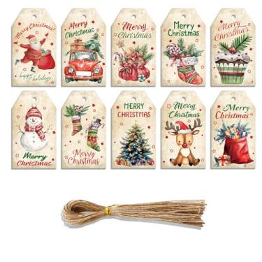 Imagem de 50 etiquetas de presente de papel de Natal com cordas, 7 cm x 4 cm 10 estilos de etiquetas de presente de papel de feliz Natal com corda para lembrancinhas de festa, sacos de presente para pendurar