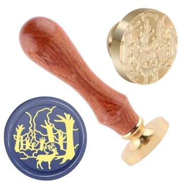 Imagem de Carimbo de lacre de cera de Natal, alce, latão e cabo de madeira, cabeça para cartões de Natal, convites, cartas, envelopes, cartões de felicitações, presentes